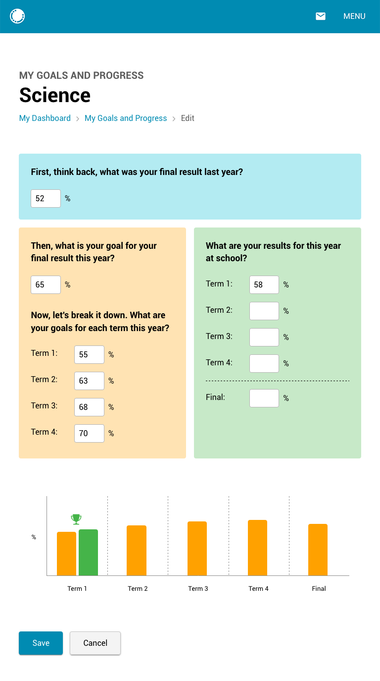 Editing the My goals and results page.